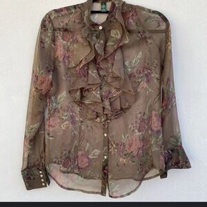 Ralph Lauren New Old Stock Pure Silk Blouse Romantic Floral Frilly Ruffle Top 22